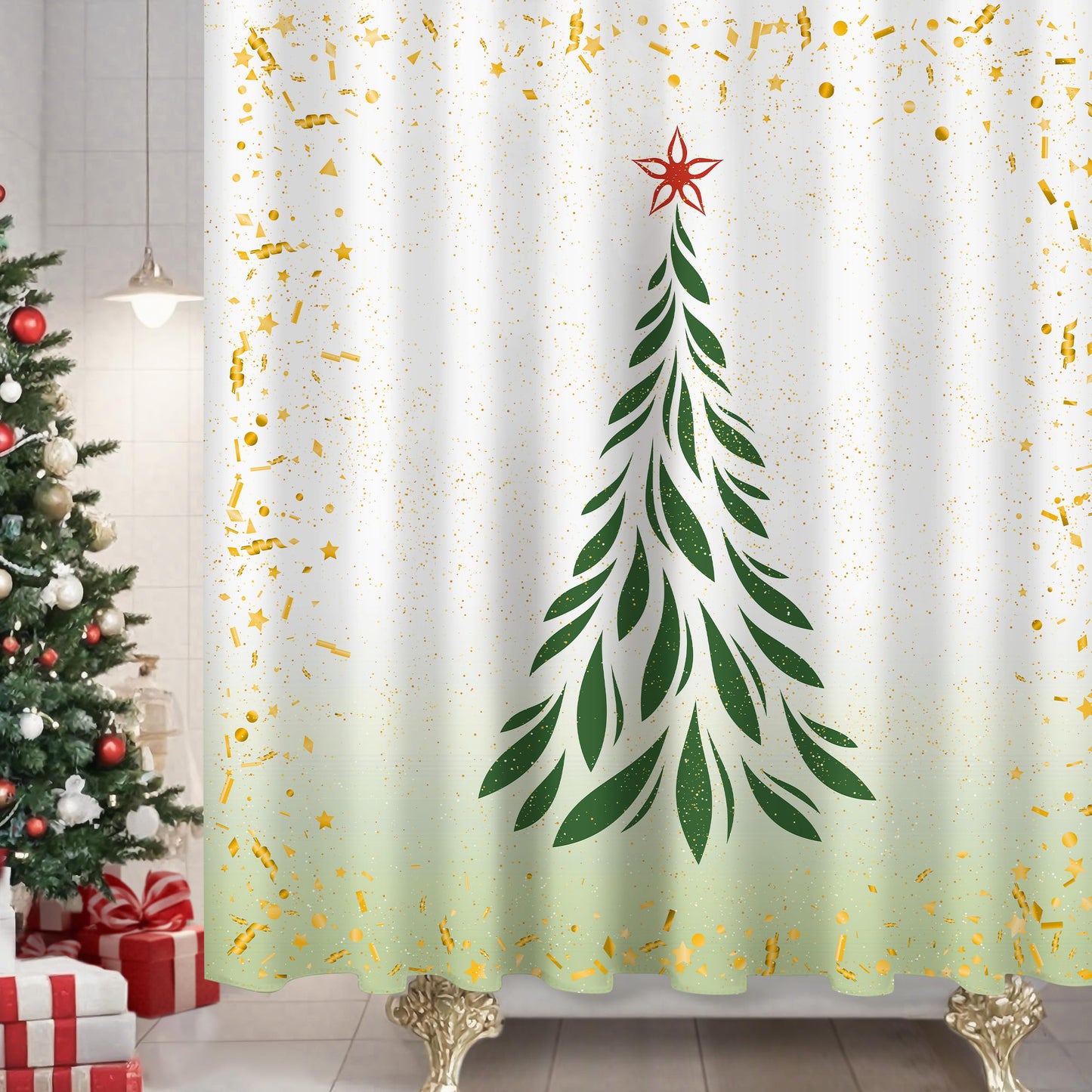 Sunlit Christmas Shower Curtain, Green Xmas Pine Tree with Red Star Ornament Holiday Floral Holly Berries Decorations Festive Bathroom Fabric Shower Curtain, Home Decor Tapestry, 72" x 72"