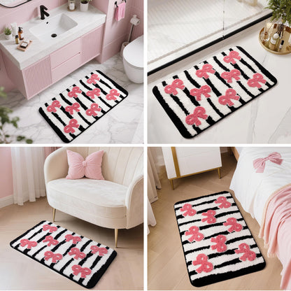Sunlit Cute Bow Bathroom Rugs 32x20, Coquette Pink Bow Rug for Bedroom, Extra Soft Super Absorbent Bath Mat Quick Dry, Shaggy Bath Rug Non-Slip Washable Bathroom Floor Mat, Pink Stripe