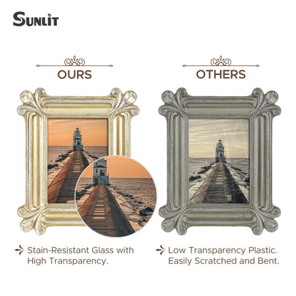 Sunlit Small Vintage Picture Frame 2.5x3.5 Inch, Antique Mini Photo Frames with Glass Front, Luxury Wallet Size Picture Frames, Photo Display Tabletop Wall Hanging Gift Ideas, Slivery Light Gold