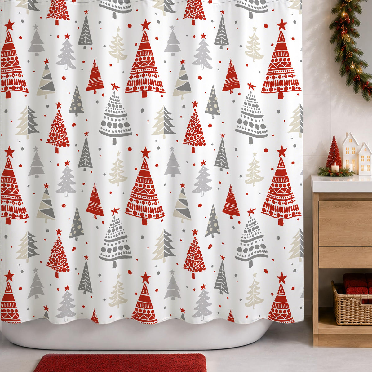 Sunlit Christmas Shower Curtain, Blue and Gray Xmas Trees with Stars and Snow Pattern Shower Curtains for Bathroom Decor, Winter Snowflake Pine Tree Bathroom Curtains, 71x71 Inch