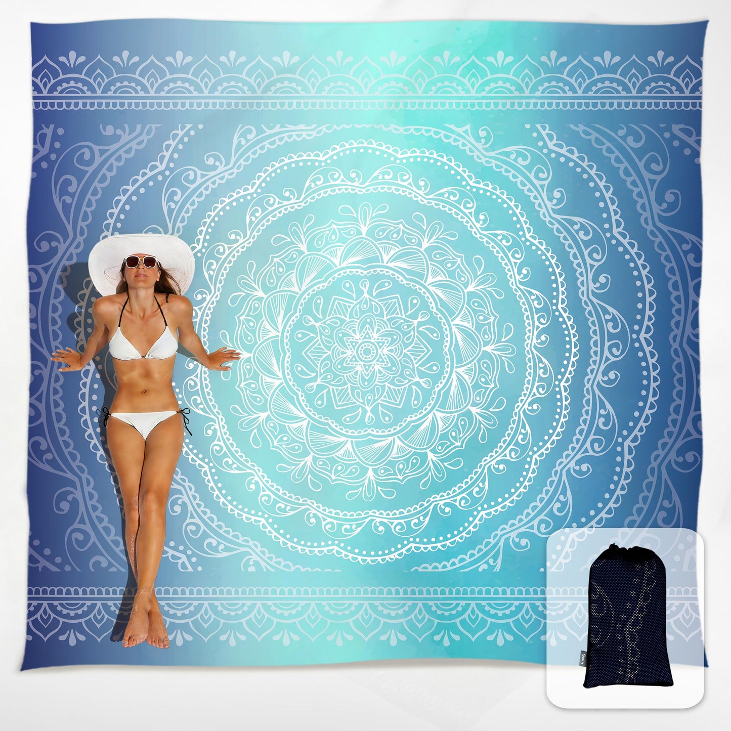Sunlit Silky Soft Sand Proof Beach Blanket 106"x81" / 85"x72" Sand Proof Mat with Corner Pockets and Mesh Bag for Beach Party, Travel, Camping and Outdoor Music Festival, Mandala