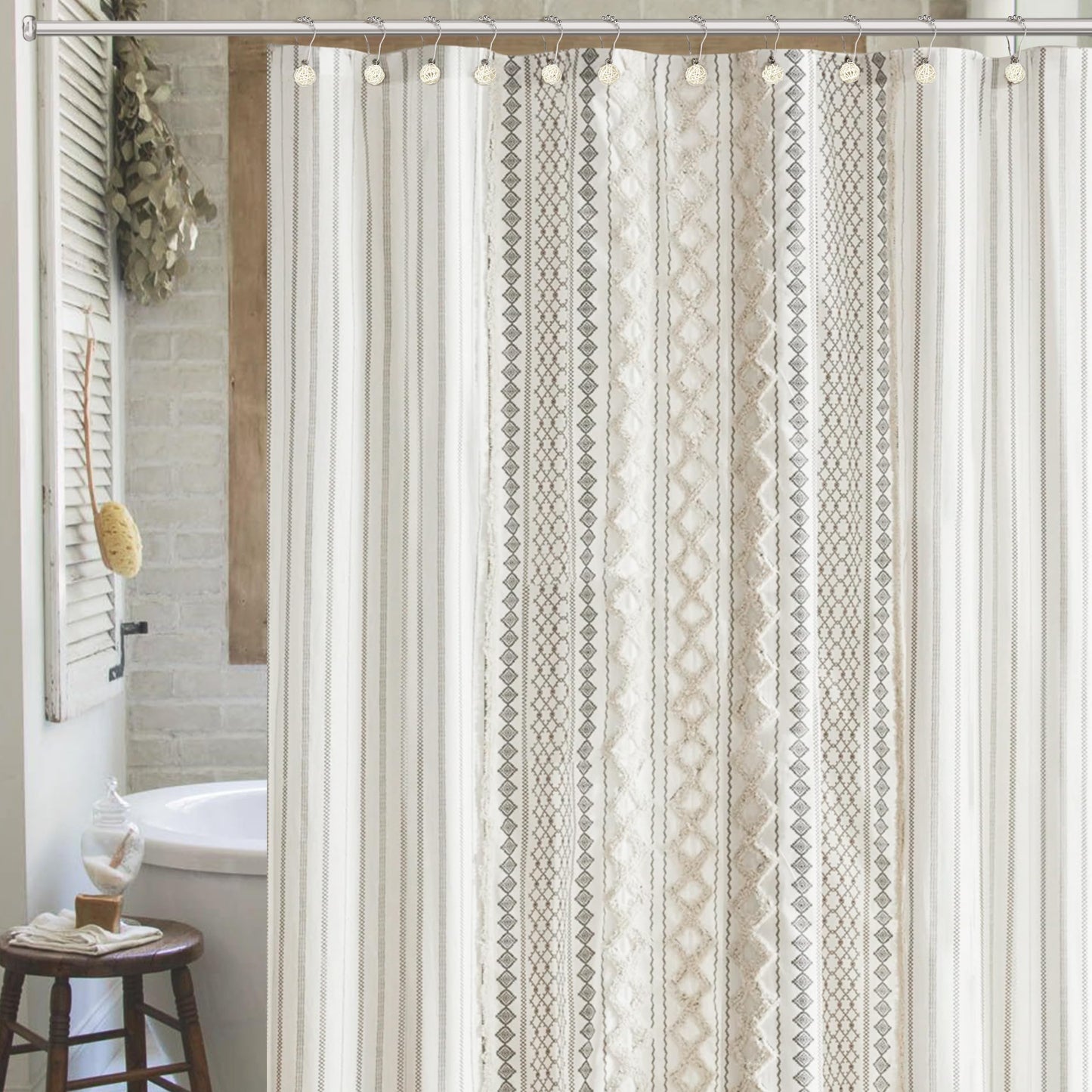 Sunlit Boho Decorative Rattan Balls Shower Curtain Hooks, Wicker Orbs Shower Curtain Rings for Bathroom, Farmhouse Shower Curtain Hangers Bathroom Accessories, Set of 12, Brown