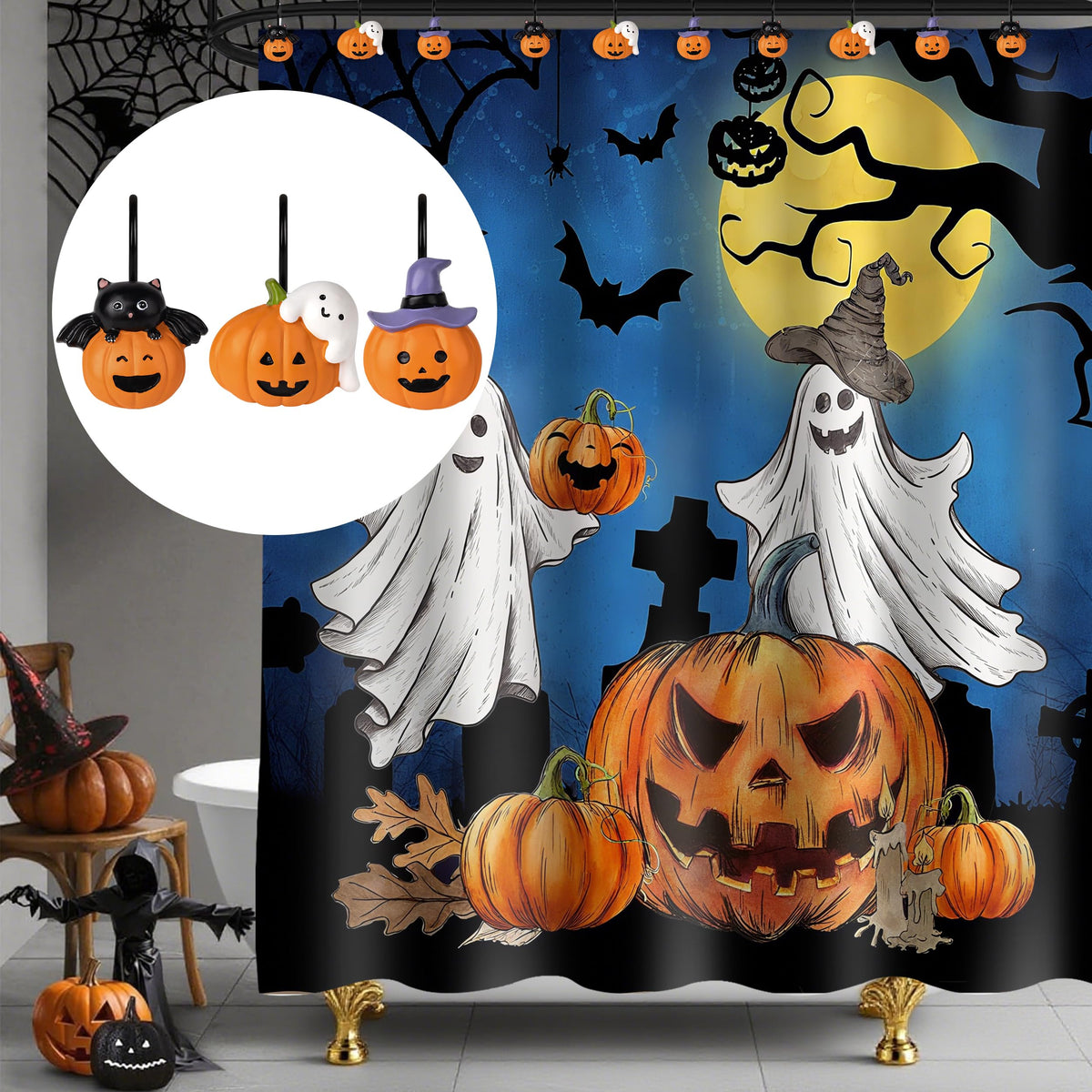 Sunlit Halloween Ghost and Pumpkin Shower Curtain Hooks Set of 12, Cute Jack O Lantern and White Ghost Curtain Rings for Bathroom, Spooky Decorative Bath Accessories