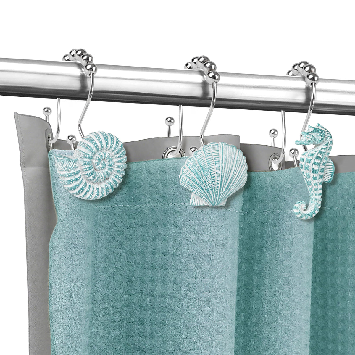 Sunlit Seashells Decorative Shower Curtain Hooks, Aqua Blue Ocean Creatures Coastal Shower Curtain Rings with Black Hooks, Resin, Nautical Bathroom Decoration Beach Shower Curtain Hooks, Set of 12