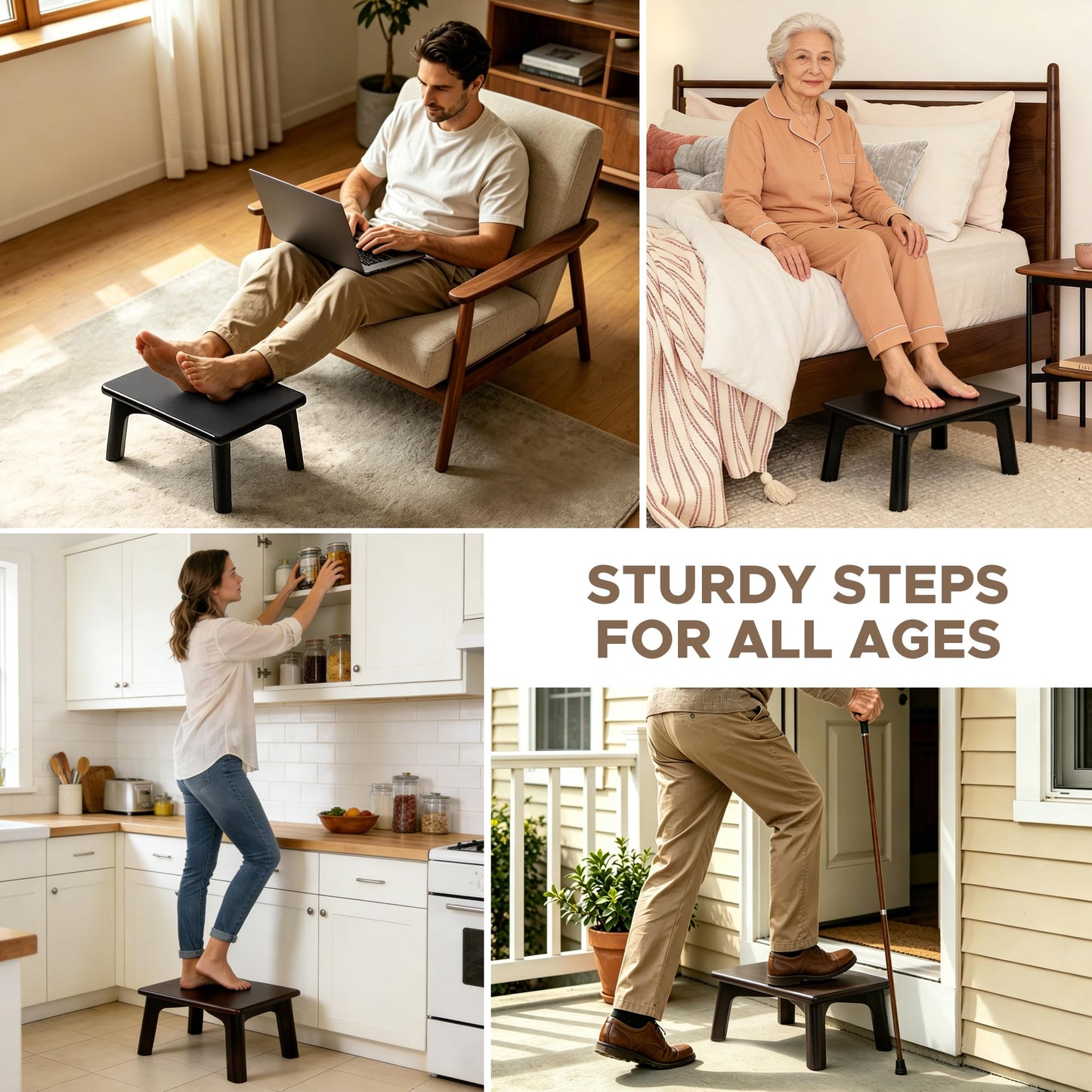 Sunlit One Step Stool, Heavy Duty Bathtub Stool up to 550 lbs, Non-Slip Wood Foot Stool, Wooden Step Stool for Adults, Dark Walnut Bed Step Stools for High Bed, Kitchen Bathroom Bedroom
