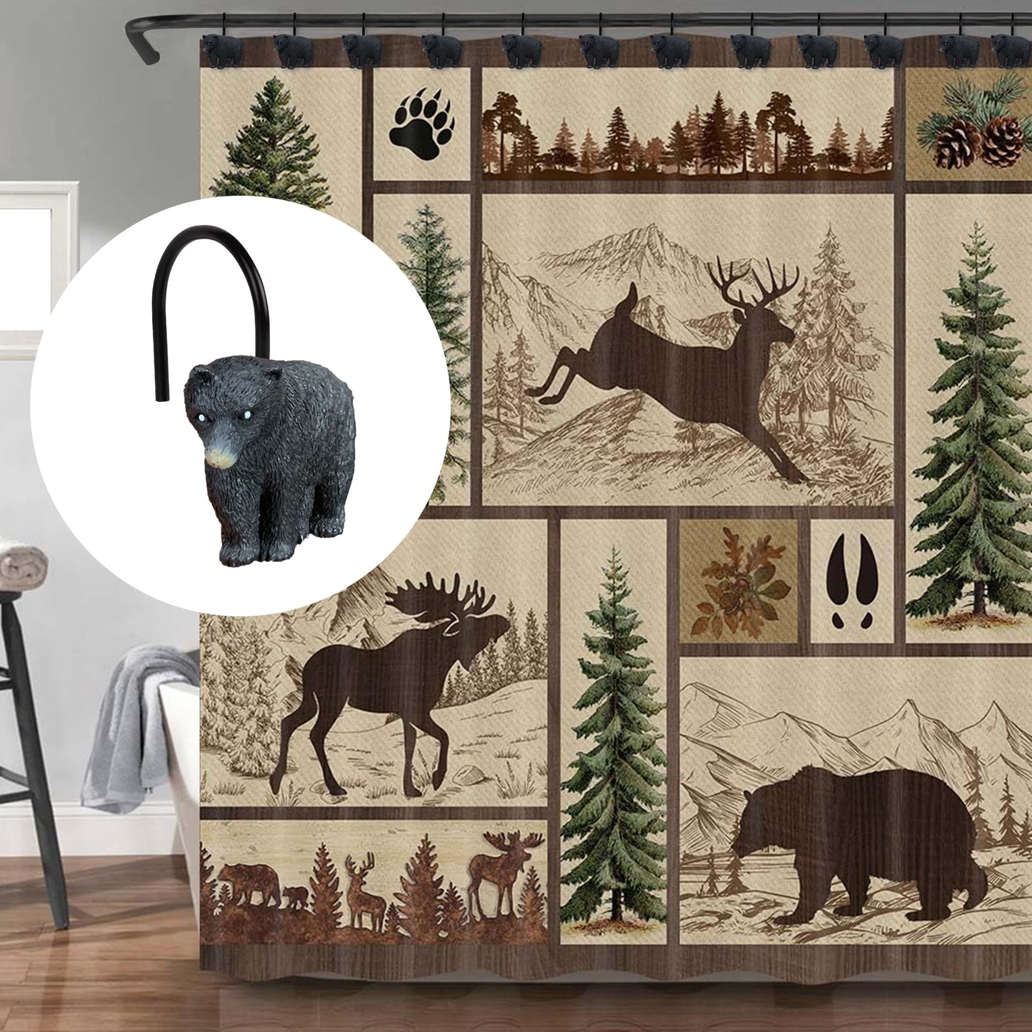 Sunlit Rustic Decorative Shower Curtain Hooks, Black Bear Shower Curtain Rings, Cabin Shower Curtain Hooks with Black Hooks, Resin, Farmhouse Bathroom Decoration, Set of 12