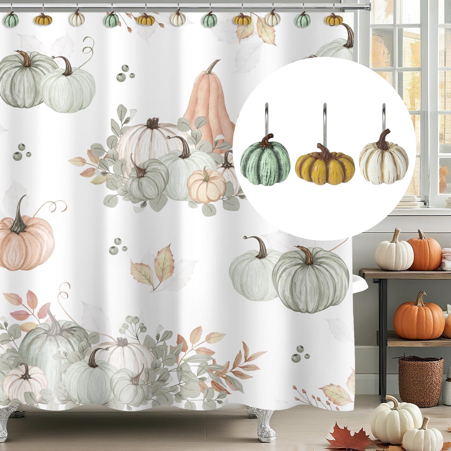 Sunlit Fall Pumpkin Decorative Shower Curtain Hooks, Autumn Harvest Festival Shower Curtain Rings, Resin, Orange Farmhouse Bathroom Curtain Hangers Decoration, Set of 12