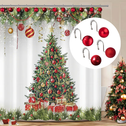 Sunlit Christmas Balls Decorative Shower Curtain Hooks, Shower Curtain Rings with Roller Balls, Xmas Theme Winter Holiday Bathroom Decoration, Set of 12, Red