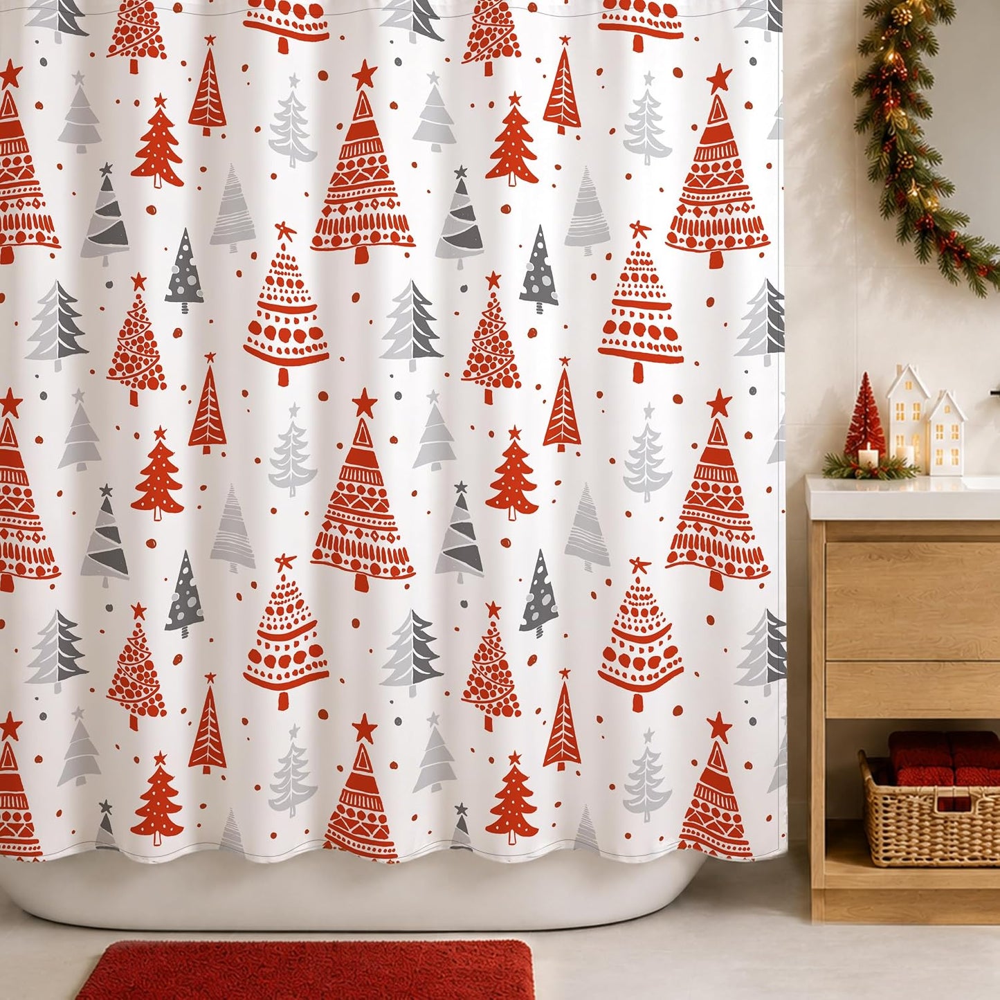 Sunlit Christmas Shower Curtain, Red and Gray Xmas Trees with Stars and Snow Pattern Shower Curtain for Bathroom Decor, 71x71 Inch