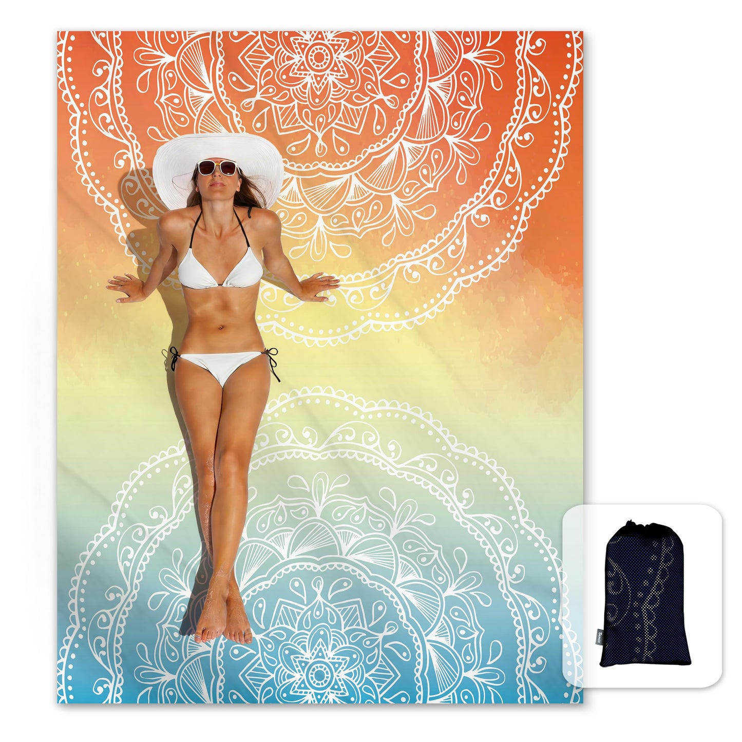 Sunlit Silky Soft Sand Proof Beach Blanket 106"x81" / 85"x72" Sand Proof Mat with Corner Pockets and Mesh Bag for Beach Party, Travel, Camping and Outdoor Music Festival, Mandala