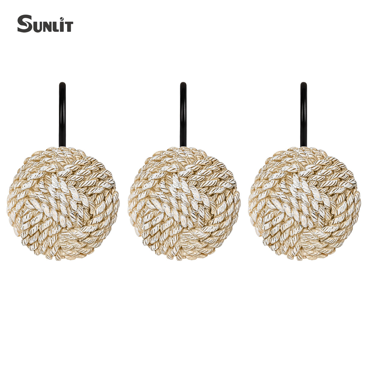 Sunlit Boho Knots Double Shower Curtain Hooks, Home Decorative White Shower Curtain Rings for Bathroom, Seaside Nautical Shower Curtain Hangers Bathroom Accessories, Set of 12