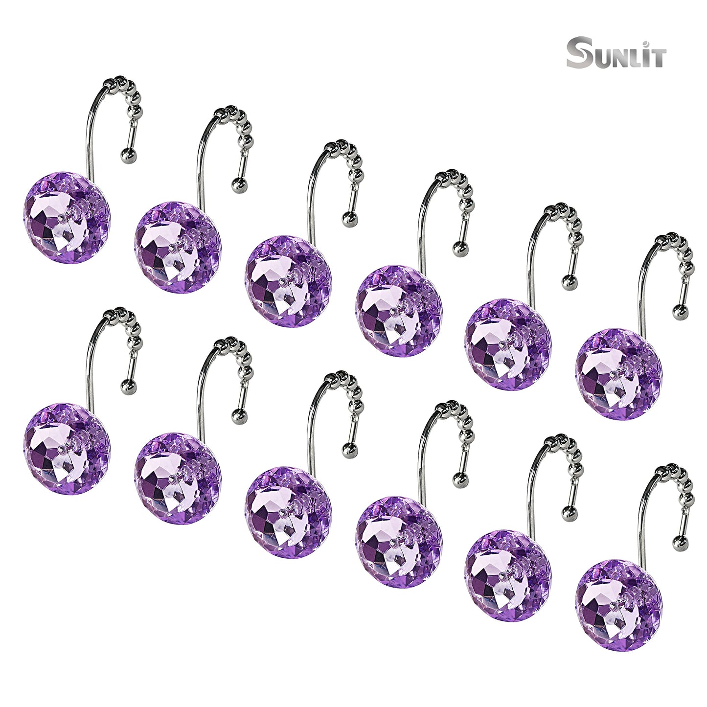 Sunlit Luxury Design Round Yellow Diamond Crystal Gem Bling with Glide Balls Shower Curtain Hooks, Rust Proof Metal Rhinestones Glam Shower Curtain Rings-12 Pack