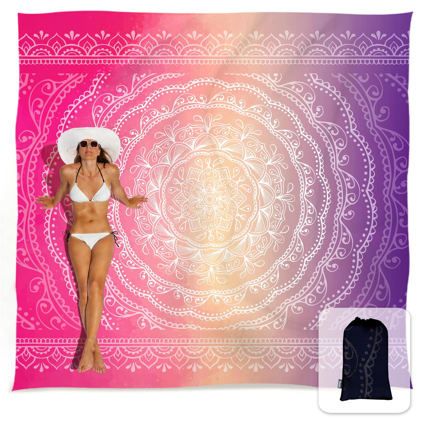 Sunlit Silky Soft Sand Proof Beach Blanket 106"x81" / 85"x72" Sand Proof Mat with Corner Pockets and Mesh Bag for Beach Party, Travel, Camping and Outdoor Music Festival, Mandala
