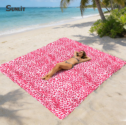Sunlit Large Cheetah Beach Blanket Waterproof Sand Proof, 81" x106" Sand Free Beach Mat with Corner Pockets and Storage Bag, for Travel Beach Camping Outdoor Festival, Black Pink Leopard