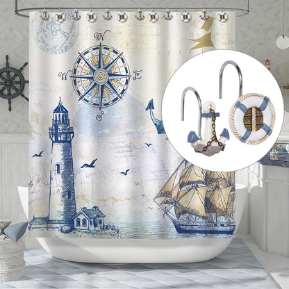 Sunlit Nautical Shower Curtain Hooks, Home Decorative Coastal Shower Curtain Rings for Bathroom, Resin, Ocean Shower Curtain Hanger Hooks for Living Room, Set of 12, Blue Lighthouse Sailboat