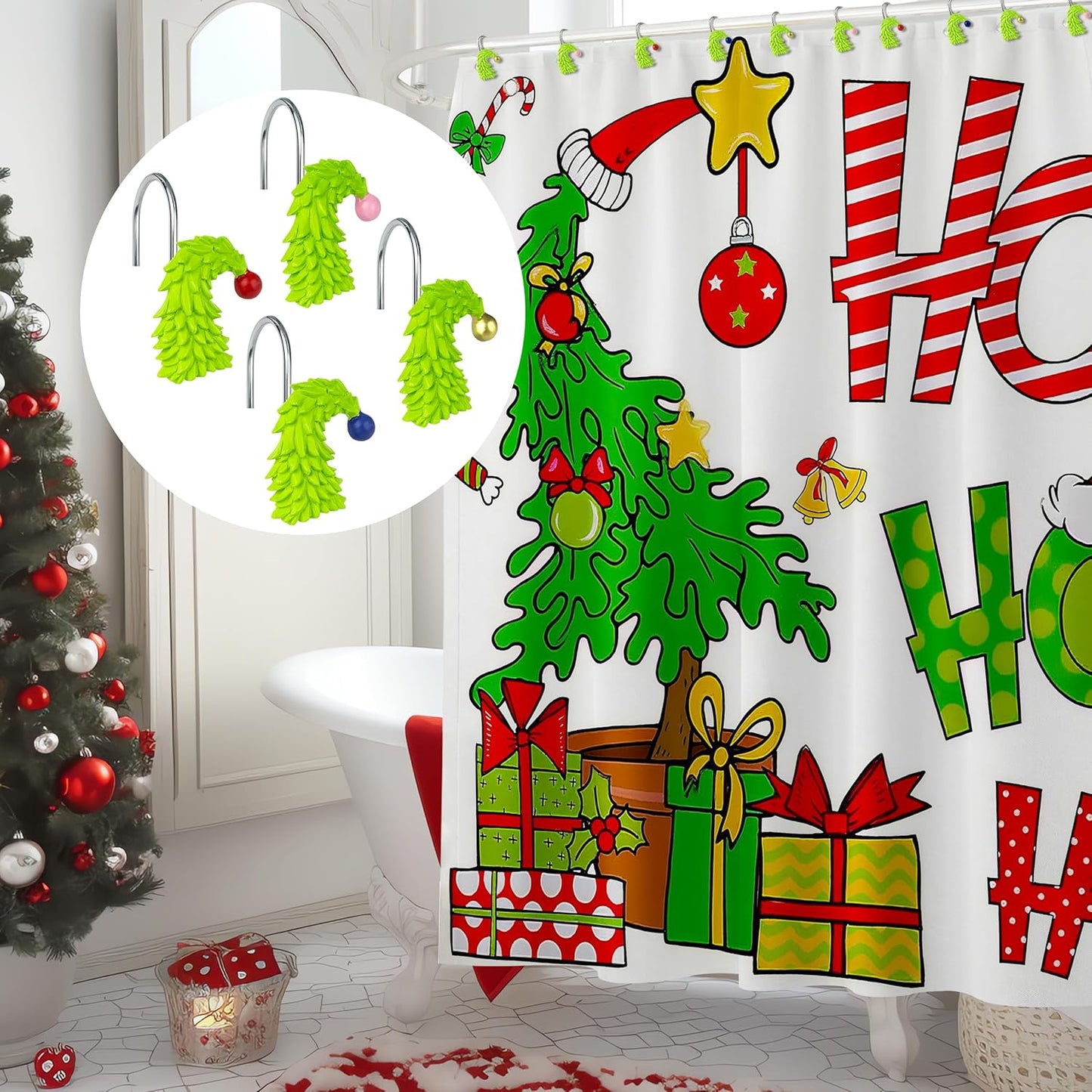 Sunlit Christmas Tree Decorative Shower Curtain Hooks with Festive Ball Ornaments, Lime Green Shower Curtain Rings, Resin, Xmas Theme Winter Holiday Bathroom Decoration, Set of 12