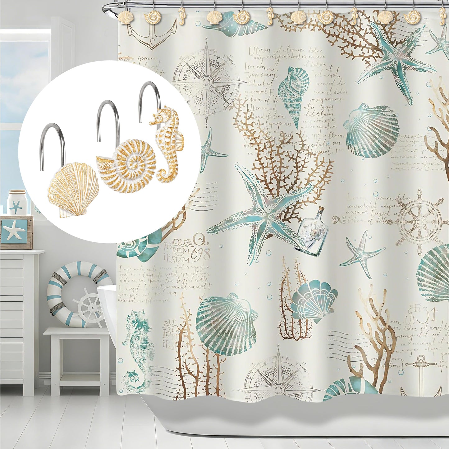 Sunlit Seashells Decorative Shower Curtain Hooks, Scallop Nautilus & Seahorse Shower Curtain Rings, Seashell Blush, Resin, Nautical Bathroom Decoration Beach Shower Curtain Hooks-12 Pack