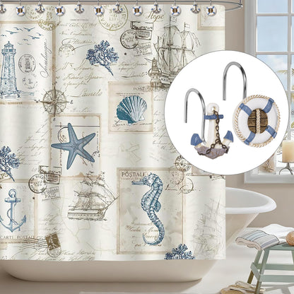 Sunlit Nautical Shower Curtain Hooks, Home Decorative Coastal Shower Curtain Rings for Bathroom, Resin, Ocean Shower Curtain Hanger Hooks for Living Room, Set of 12, Blue Lighthouse Sailboat