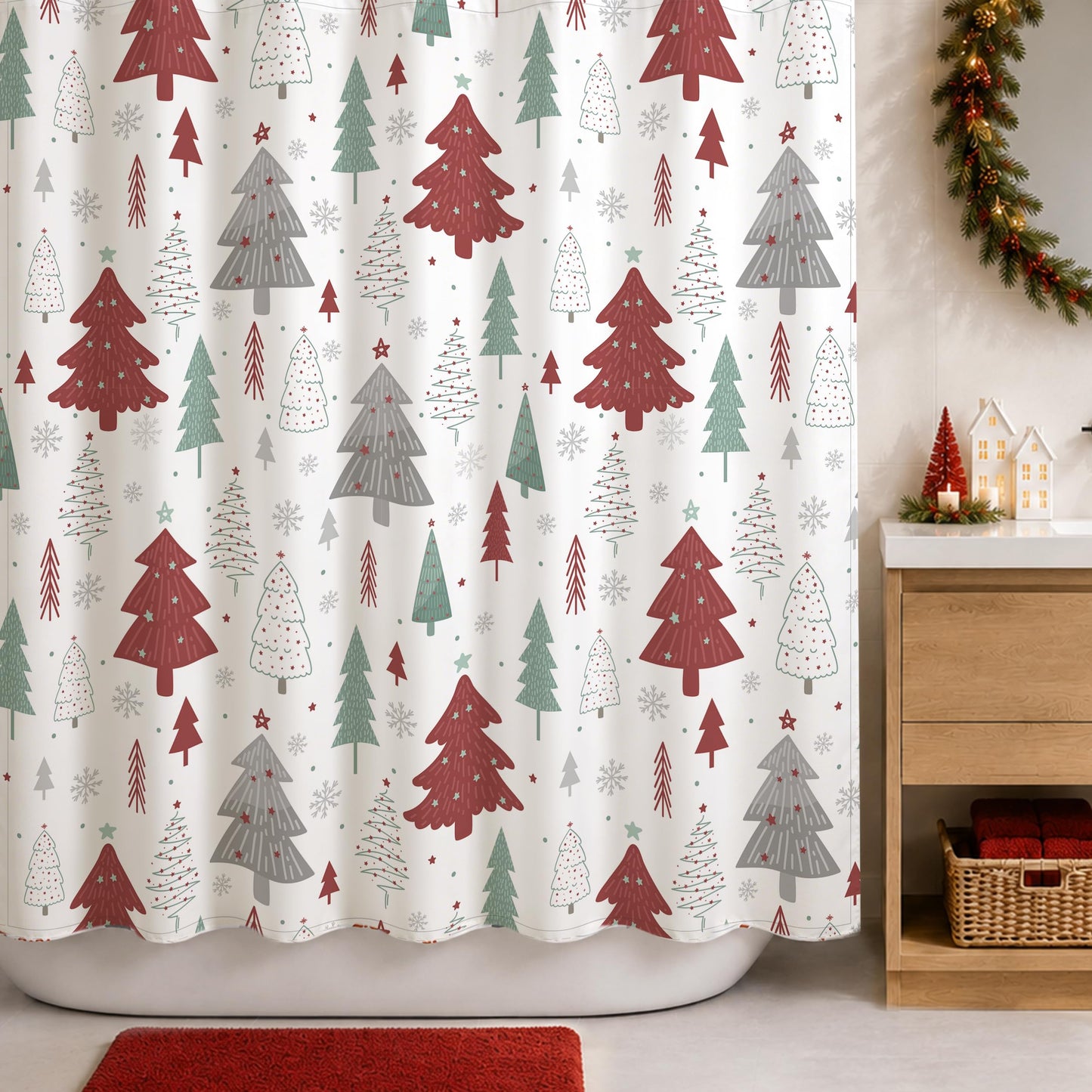 Sunlit Christmas Shower Curtain, Red and Gray Xmas Trees with Stars and Snow Pattern Shower Curtain for Bathroom Decor, 71x71 Inch