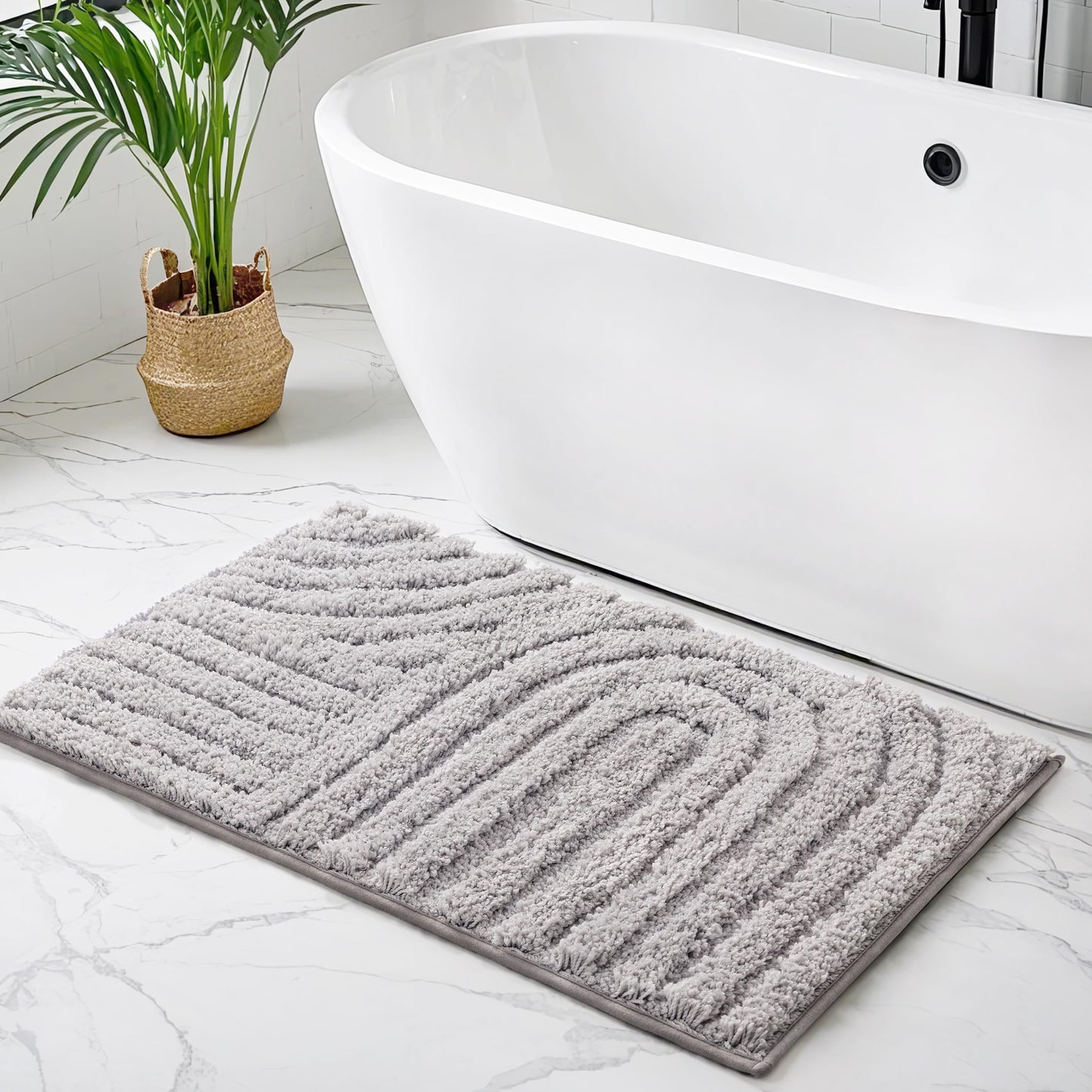 Sunlit 24"x60" Boho Decorative Textured Bathroom Rugs Runner, Mid Century Modern Extra Long Non-Slip Absorbent Soft Bath Mat, Organic Modern Floor Mat Bath Runner Dry Fast Machine Washable, Gray