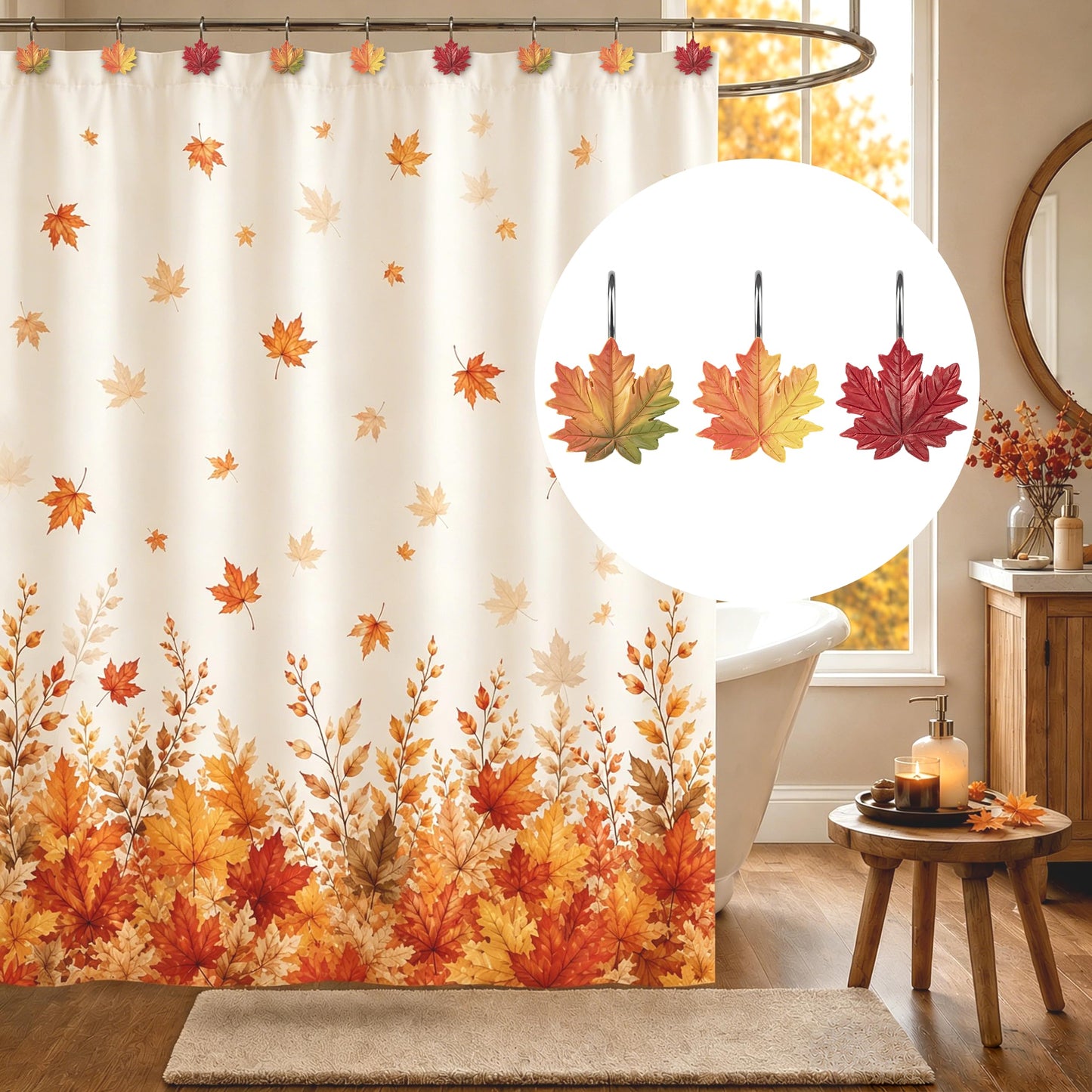 Sunlit Maple Leaf Shower Curtain Hooks for Fall Autumn, Home Decorative Shower Curtain Rings for Bathroom, Resin, Orange Red Maple Leaves Shower Curtain Hangers Hooks Bath Accessories, Set of 12