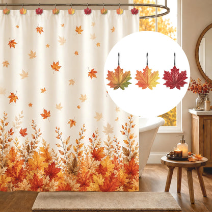 Sunlit Maple Leaf Shower Curtain Hooks for Fall Autumn, Home Decorative Shower Curtain Rings for Bathroom, Resin, Orange Red Maple Leaves Shower Curtain Hangers Hooks Bath Accessories, Set of 12
