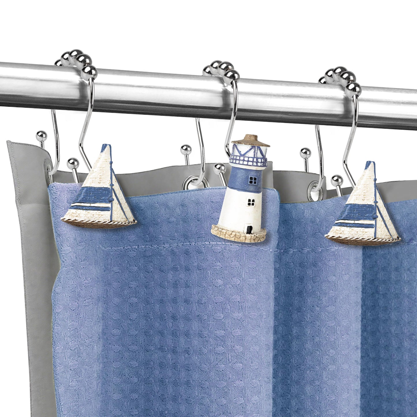 Sunlit Nautical Shower Curtain Hooks, Home Decorative Coastal Shower Curtain Rings for Bathroom, Resin, Ocean Shower Curtain Hanger Hooks for Living Room, Set of 12, Blue Lighthouse Sailboat