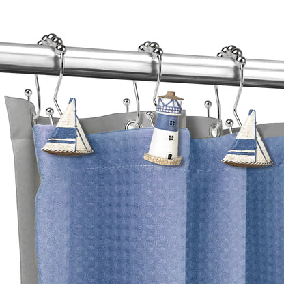 Sunlit Nautical Shower Curtain Hooks, Home Decorative Coastal Shower Curtain Rings for Bathroom, Resin, Ocean Shower Curtain Hanger Hooks for Living Room, Set of 12, Blue Lighthouse Sailboat