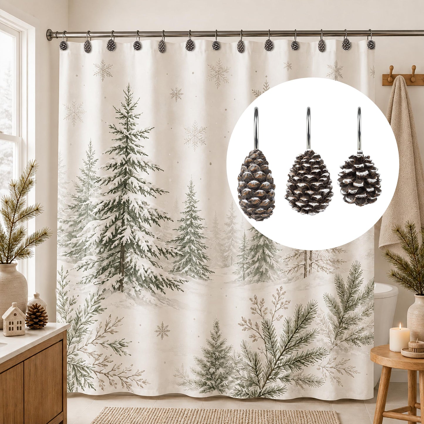 Sunlit Pinecone Decorative Shower Curtain Hooks, Brown Pine Cone Shower Curtain Rings, Resin, Winter Christmas Theme Bathroom Decoration, Set of 12