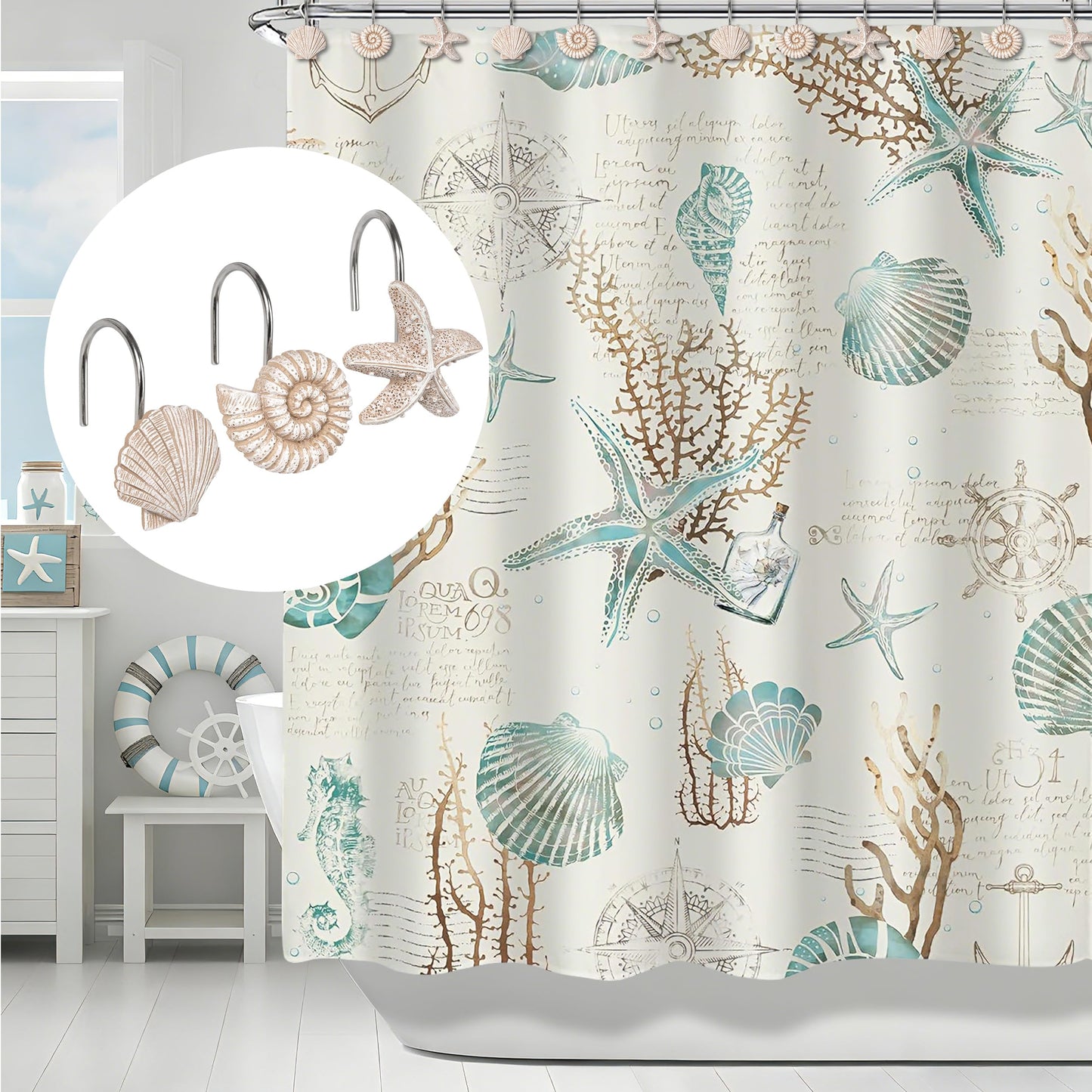 Sunlit Seashells Decorative Shower Curtain Hooks, Scallop Nautilus & Seahorse Shower Curtain Rings, Seashell Blush, Resin, Nautical Bathroom Decoration Beach Shower Curtain Hooks-12 Pack