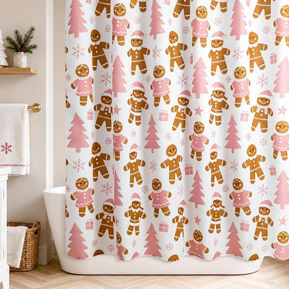 Sunlit Christmas Shower Curtain, Cute Gingerbread Men, Pink Christmas Trees and Gifts with Snowflake Accents, Whimsical Holiday Bathroom Decor, 72" x 72"