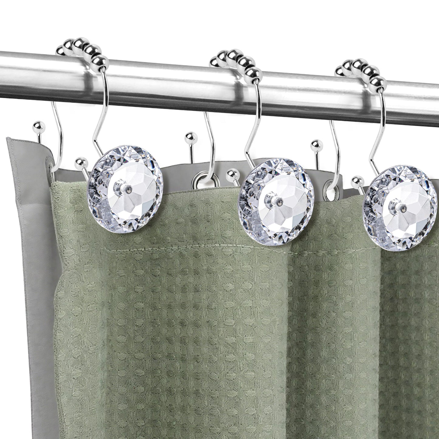Sunlit Luxury Design Round Clear Diamond Crystal Gem Bling with Glide Balls Double Shower Curtain Hooks, Rust Proof Metal Rhinestones Glam Shower Curtain Rings-12 Pack