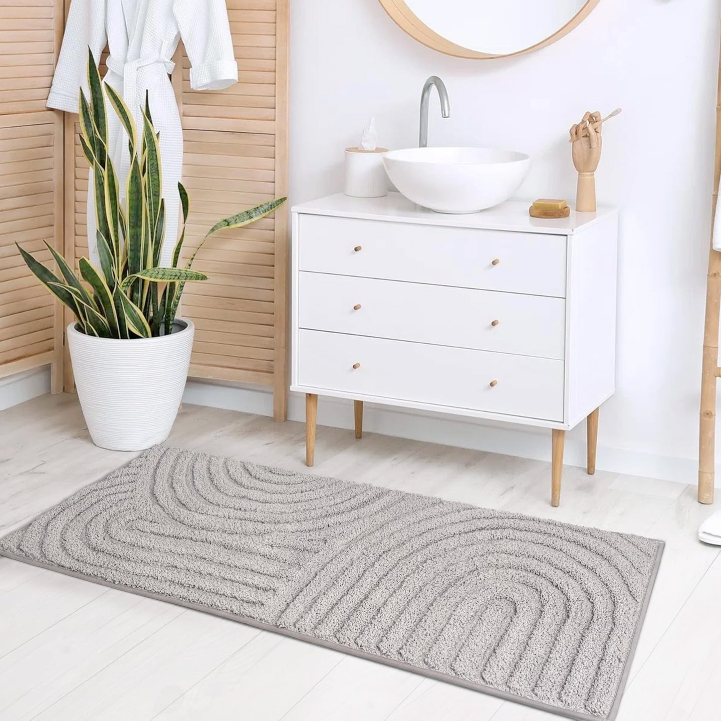 Sunlit 20"x30" Boho Decorative Textured Bathroom Rug Mat, Mid Century Modern Non-Slip Absorbent Soft Bath Mat, Organic Modern Floor Mat Dry Fast Machine Washable, Light Gray