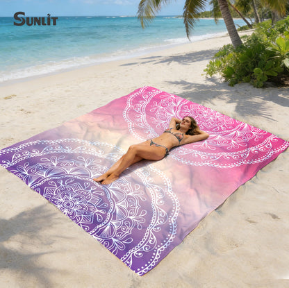 Sunlit Silky Soft Sand Proof Beach Blanket 106"x81" / 85"x72" Sand Proof Mat with Corner Pockets and Mesh Bag for Beach Party, Travel, Camping and Outdoor Music Festival, Mandala