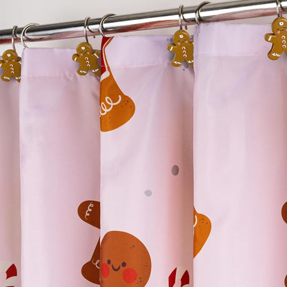 Sunlit Christmas Shower Curtain, Pink Holiday Gingerbread Men with Candy Canes and Snowflakes Cute Xmas Cookie Pattern, Festive Bathroom Fabric Shower Curtain, Home Decor Tapestry, 72" x 72"