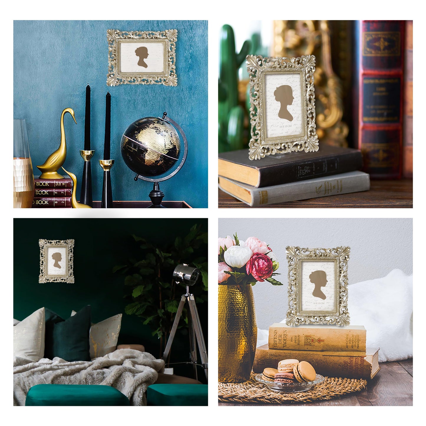 Sunlit Vintage Picture Frame 4x4 Inch, Luxury Antique Square Photo Frames with Glass Front, Photo Display, Tabletop Wall Hanging, Gift Ideas, Antique Gold Silver