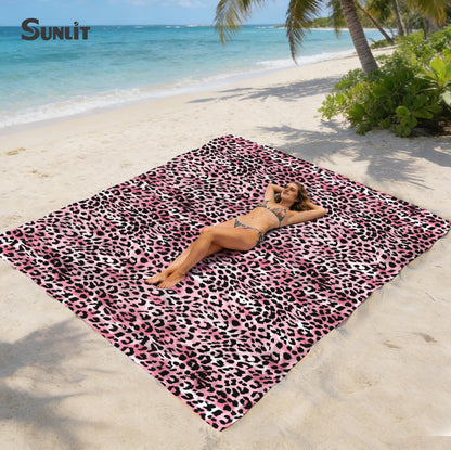 Sunlit Large Cheetah Beach Blanket Waterproof Sand Proof, 81" x106" Sand Free Beach Mat with Corner Pockets and Storage Bag, for Travel Beach Camping Outdoor Festival, Black Pink Leopard