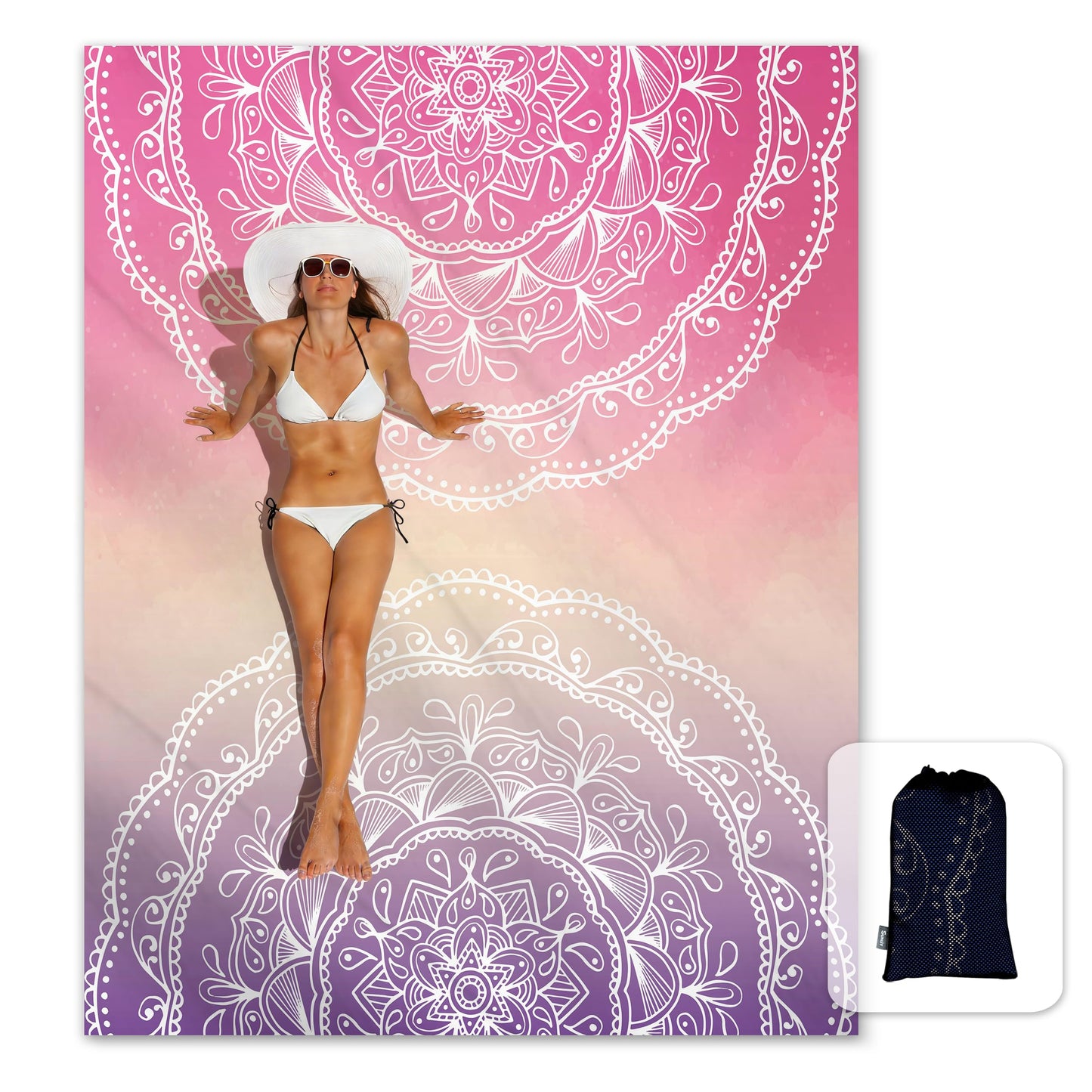 Sunlit Silky Soft Sand Proof Beach Blanket 106"x81" / 85"x72" Sand Proof Mat with Corner Pockets and Mesh Bag for Beach Party, Travel, Camping and Outdoor Music Festival, Mandala