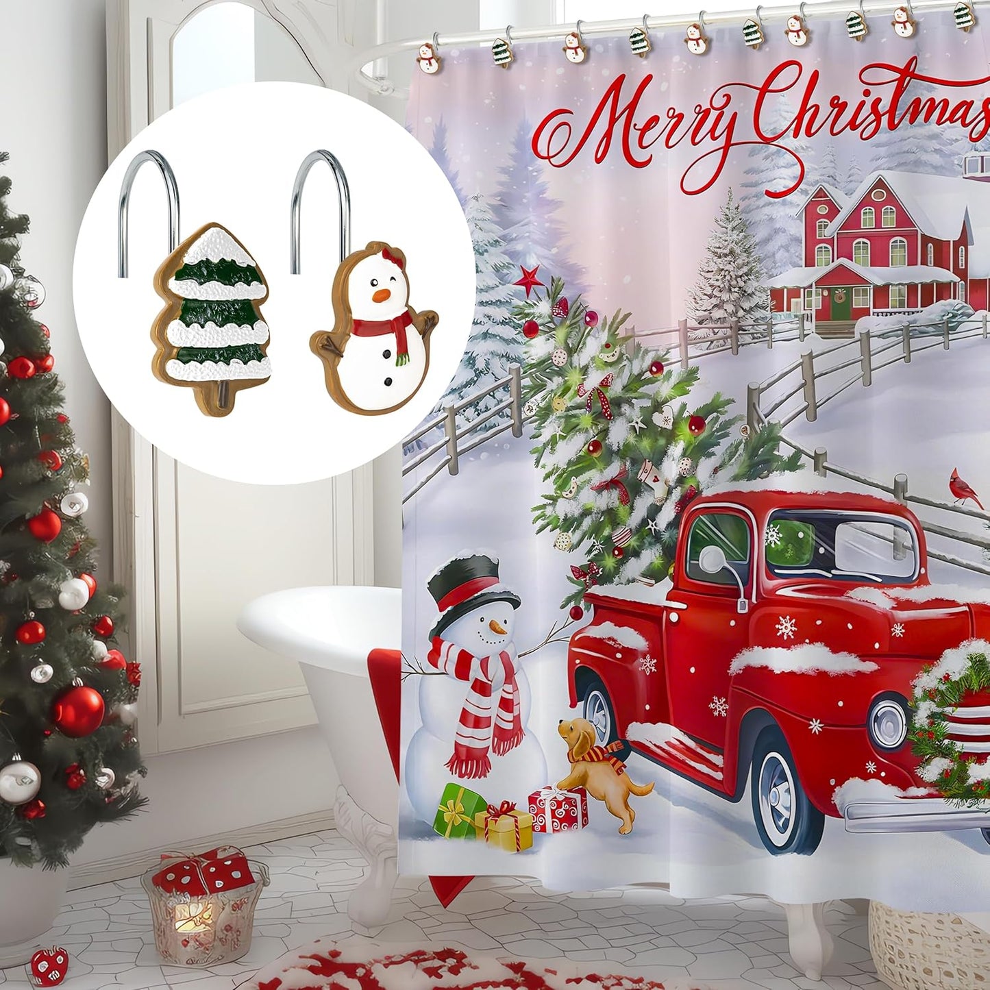 Sunlit Christmas Tree Snowman Decorative Shower Curtain Hooks, Green White Shower Curtain Rings, Resin, Xmas Theme Winter Holiday Bathroom Decoration, Set of 12