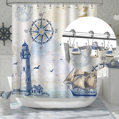 Sunlit Nautical Shower Curtain Hooks, Home Decorative Coastal Shower Curtain Rings for Bathroom, Resin, Ocean Shower Curtain Hanger Hooks for Living Room, Set of 12, Blue Lighthouse Sailboat