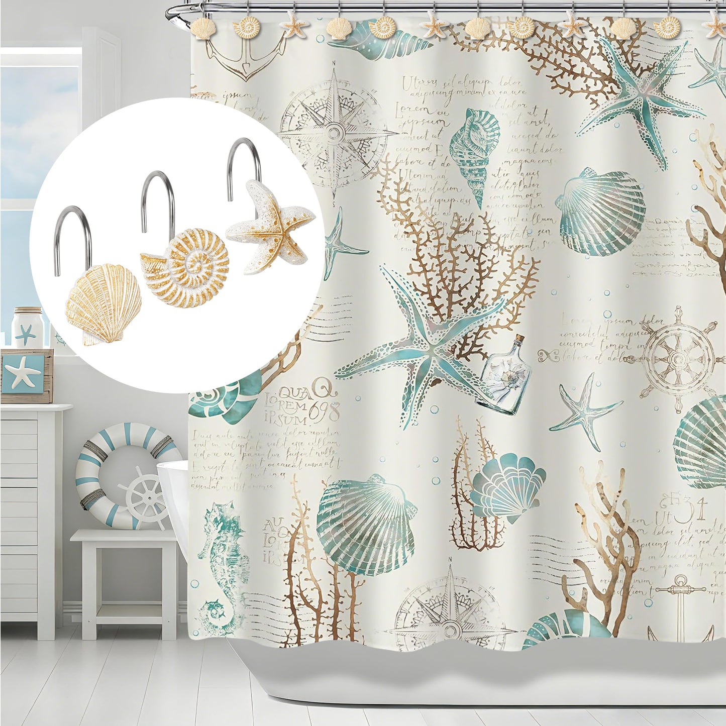 Sunlit Seashells Decorative Shower Curtain Hooks, Scallop Nautilus & Seahorse Shower Curtain Rings, Seashell Blush, Resin, Nautical Bathroom Decoration Beach Shower Curtain Hooks-12 Pack