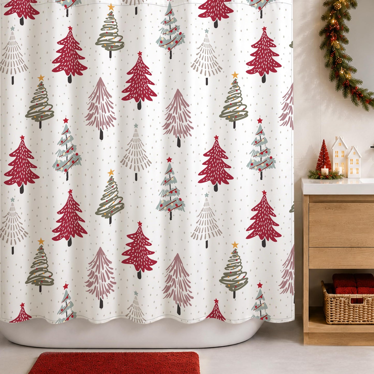 Sunlit Christmas Shower Curtain, Red and Gray Xmas Trees with Stars and Snow Pattern Shower Curtain for Bathroom Decor, 71x71 Inch