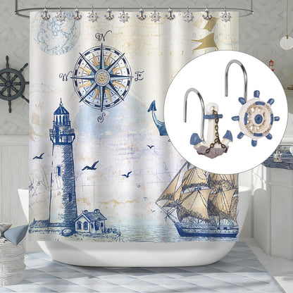 Sunlit Nautical Shower Curtain Hooks, Home Decorative Coastal Shower Curtain Rings for Bathroom, Resin, Ocean Shower Curtain Hanger Hooks for Living Room, Set of 12, Blue Lighthouse Sailboat