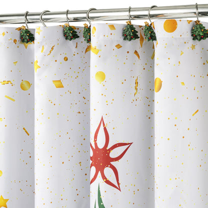 Sunlit Christmas Shower Curtain, Green Xmas Pine Tree with Red Star Ornament Holiday Floral Holly Berries Decorations Festive Bathroom Fabric Shower Curtain, Home Decor Tapestry, 72" x 72"
