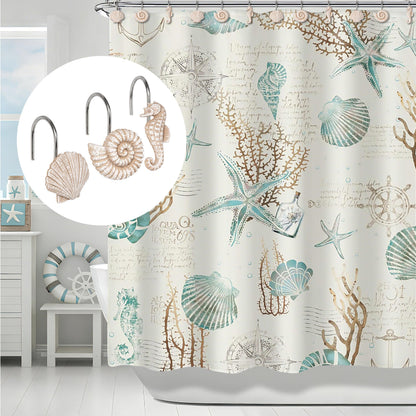Sunlit Seashells Decorative Shower Curtain Hooks, Scallop Nautilus & Seahorse Shower Curtain Rings, Seashell Blush, Resin, Nautical Bathroom Decoration Beach Shower Curtain Hooks-12 Pack