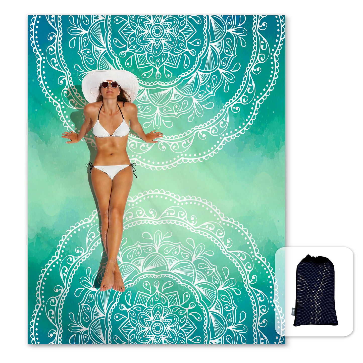 Sunlit Silky Soft Sand Proof Beach Blanket 106"x81" / 85"x72" Sand Proof Mat with Corner Pockets and Mesh Bag for Beach Party, Travel, Camping and Outdoor Music Festival, Mandala