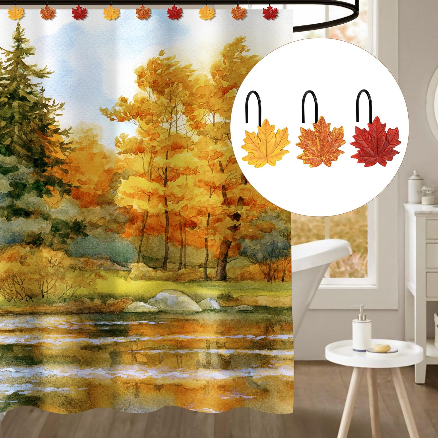 Sunlit Maple Leaf Shower Curtain Hooks for Fall Autumn, Home Decorative Shower Curtain Rings for Bathroom, Resin, Orange Red Maple Leaves Shower Curtain Hangers Hooks Bath Accessories, Set of 12