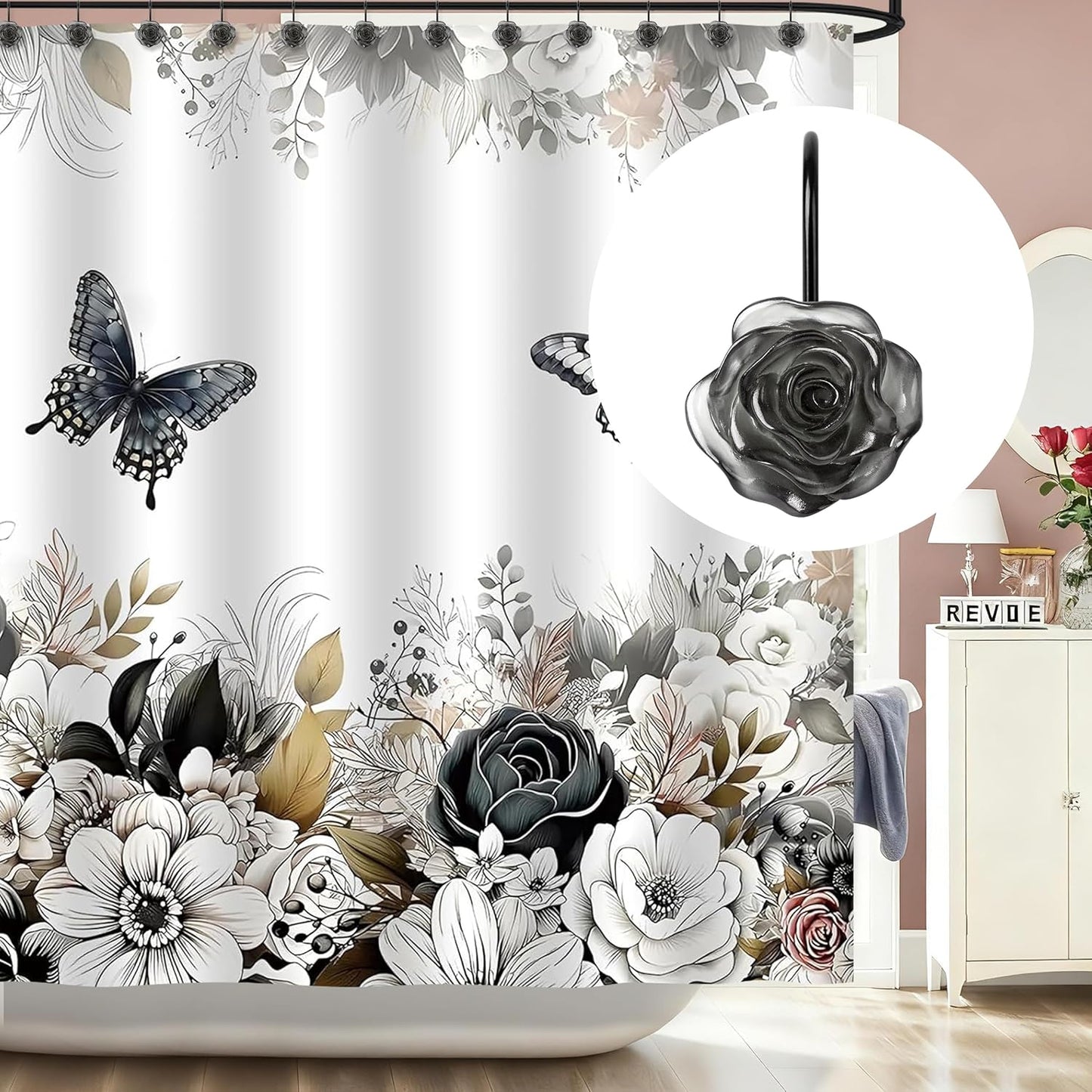 Sunlit Rose Shower Curtain Hooks, Home Decorative Flower Shower Curtain Rings for Bathroom, Resin, Pink Floral Shower Curtain Hanger Hooks for Living Room, Set of 12