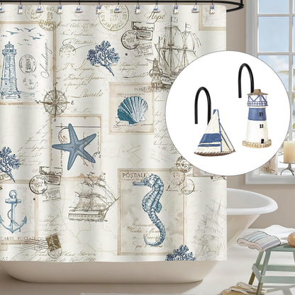 Sunlit Nautical Shower Curtain Hooks, Home Decorative Coastal Shower Curtain Rings for Bathroom, Resin, Ocean Shower Curtain Hanger Hooks for Living Room, Set of 12, Blue Lighthouse Sailboat
