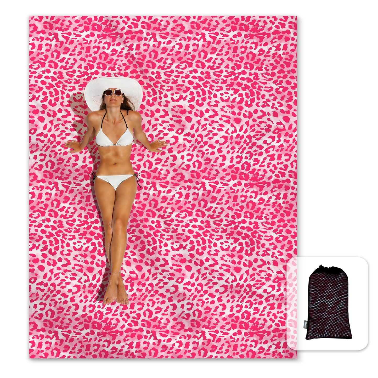 Sunlit Large Cheetah Beach Blanket Waterproof Sand Proof, 81" x106" Sand Free Beach Mat with Corner Pockets and Storage Bag, for Travel Beach Camping Outdoor Festival, Black Pink Leopard